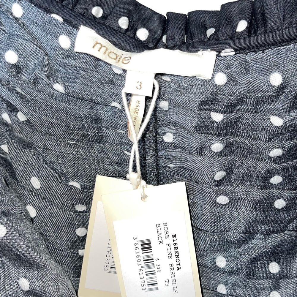 MAJE Black White Polka Dot Ruched Mini Dress Crepe Size Large - Picture 11 of 14